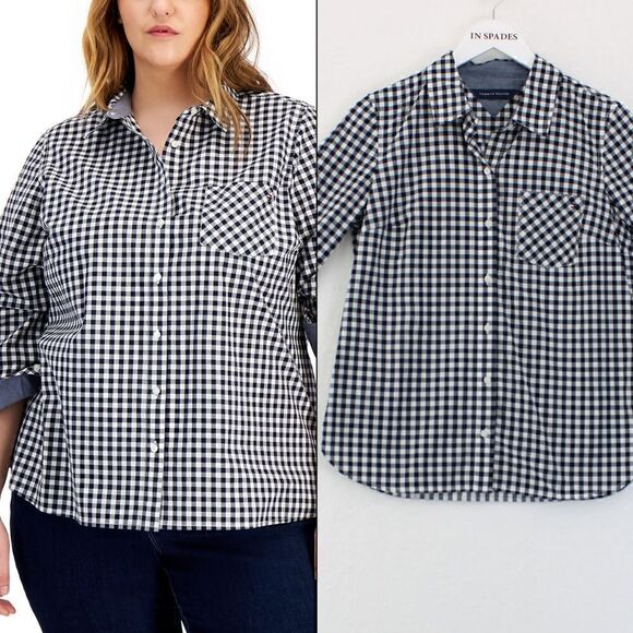 Tommy Hilfiger Plus Size Gingham-Pint Roll-Tab-Sleeve Top Sky Capt/Bright White - Picture 1 of 3